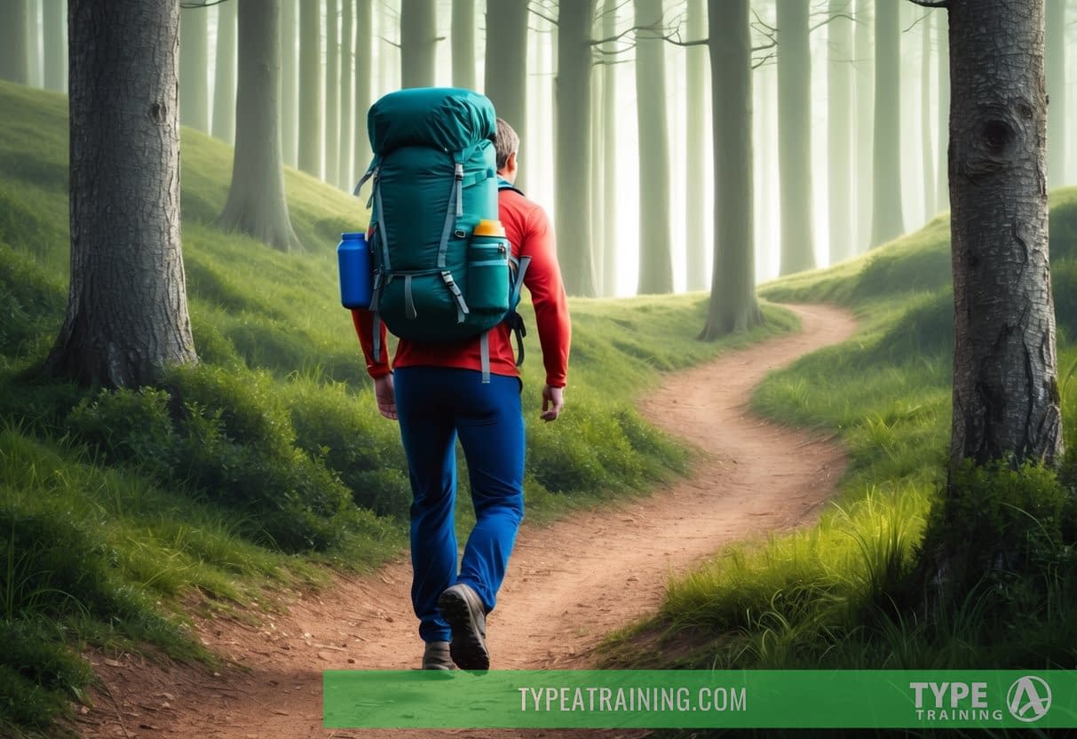 A person walking briskly with a weighted backpack on a forest trail