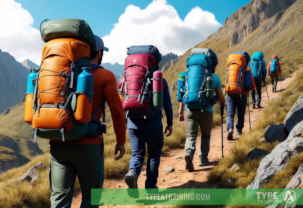 A group of people carrying heavy backpacks while hiking on a rugged trail