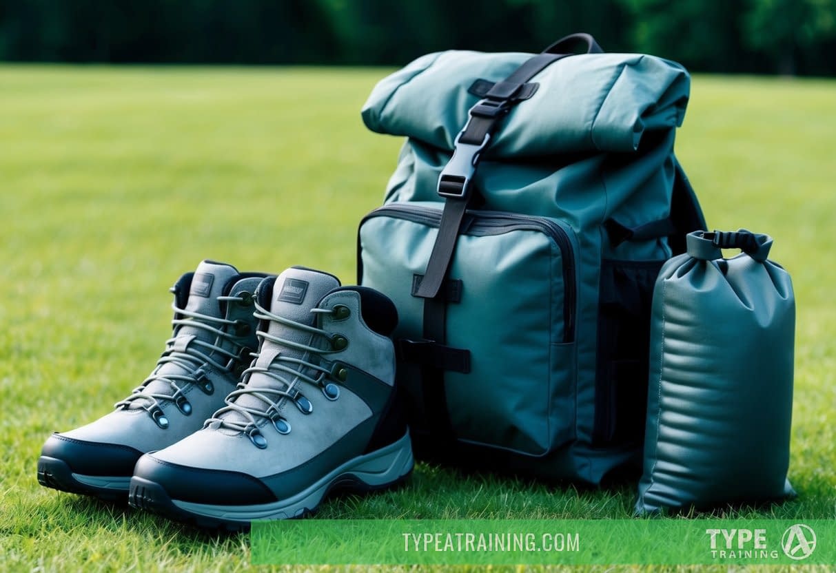 A rugged backpack, sturdy hiking boots, and a weighted sandbag are arranged on a grassy field, ready for a rucking workout