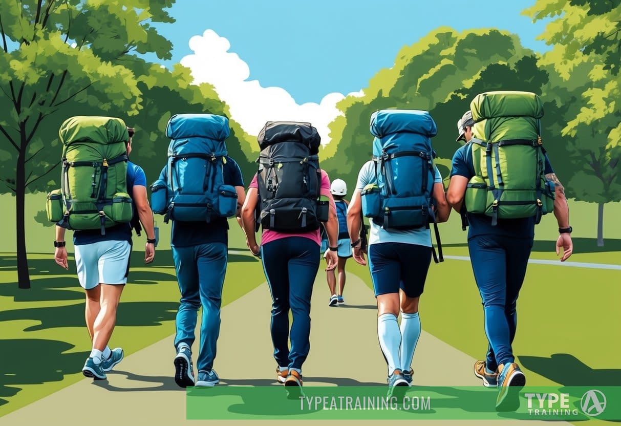 A group of people carrying weighted backpacks, walking together in a park for a rucking event