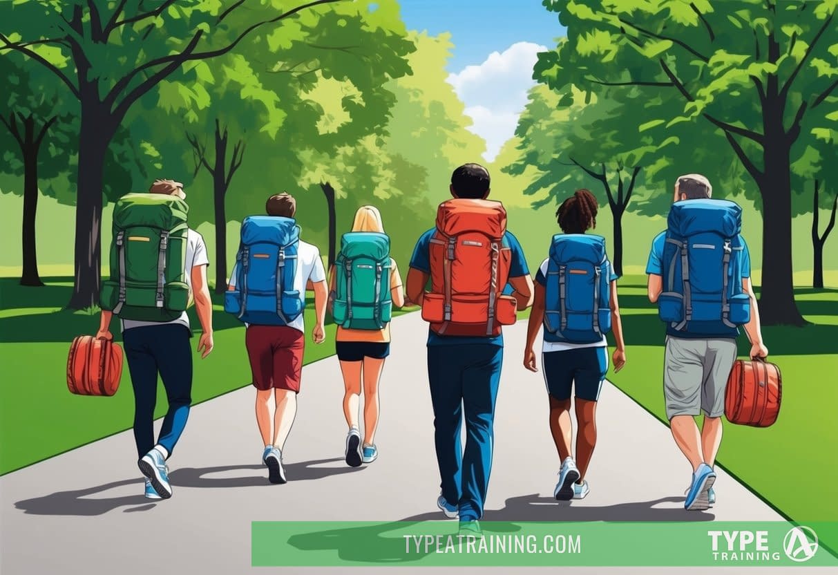 A group of people carrying weighted backpacks while walking in a park