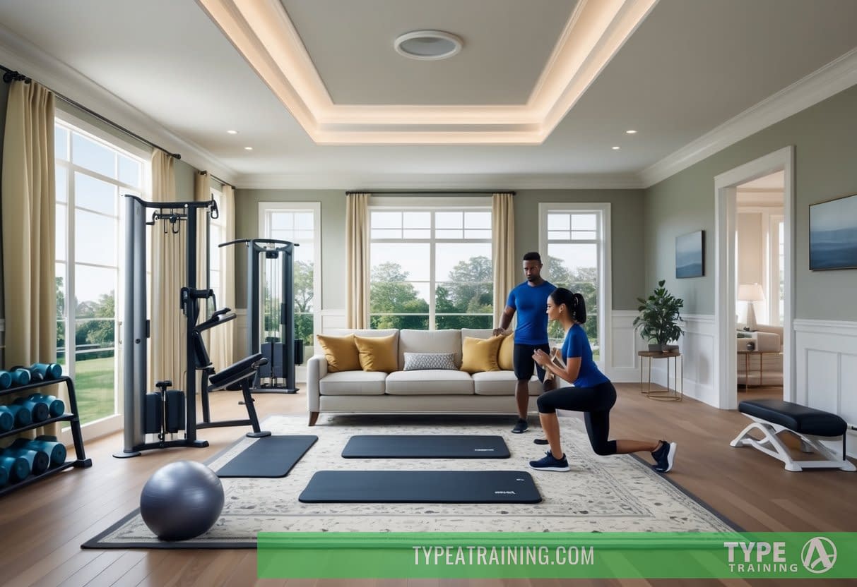 A spacious, well-lit living room with exercise equipment, mats, and a personal trainer guiding a client through a workout