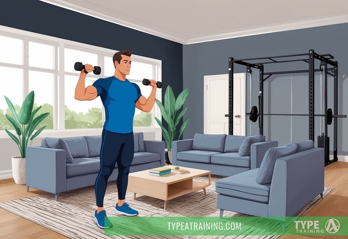 An in-home personal trainer demonstrating exercises in a living room, while a big box gym sits empty in the background
