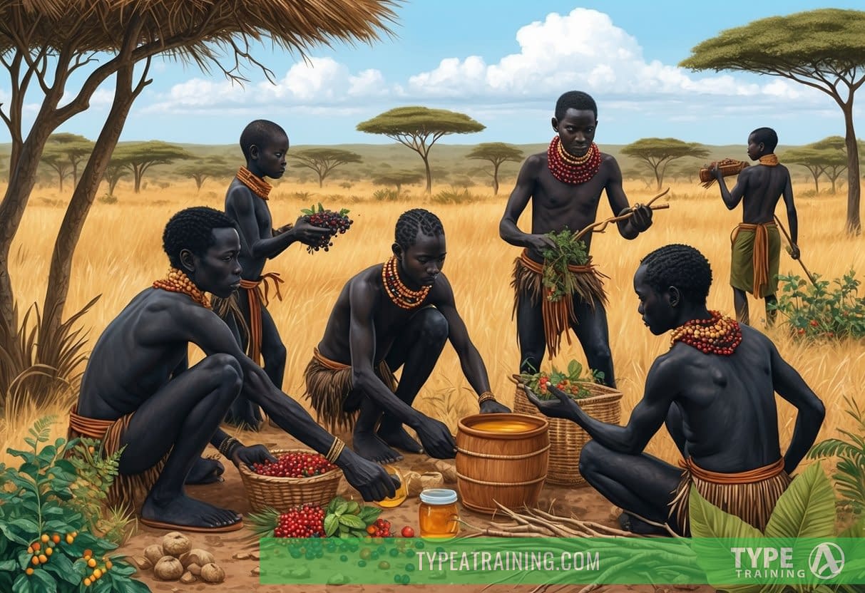 A group of Hadza people foraging for wild berries, roots, and honey in the savannah of Tanzania