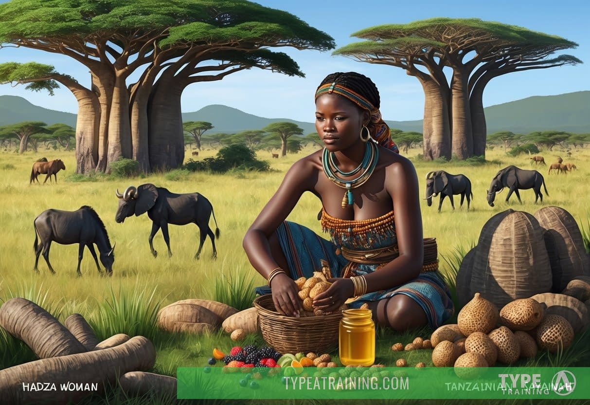 A Hadza woman gathers wild tubers, berries, and honey from the lush Tanzanian savannah, surrounded by baobab trees and grazing wildlife