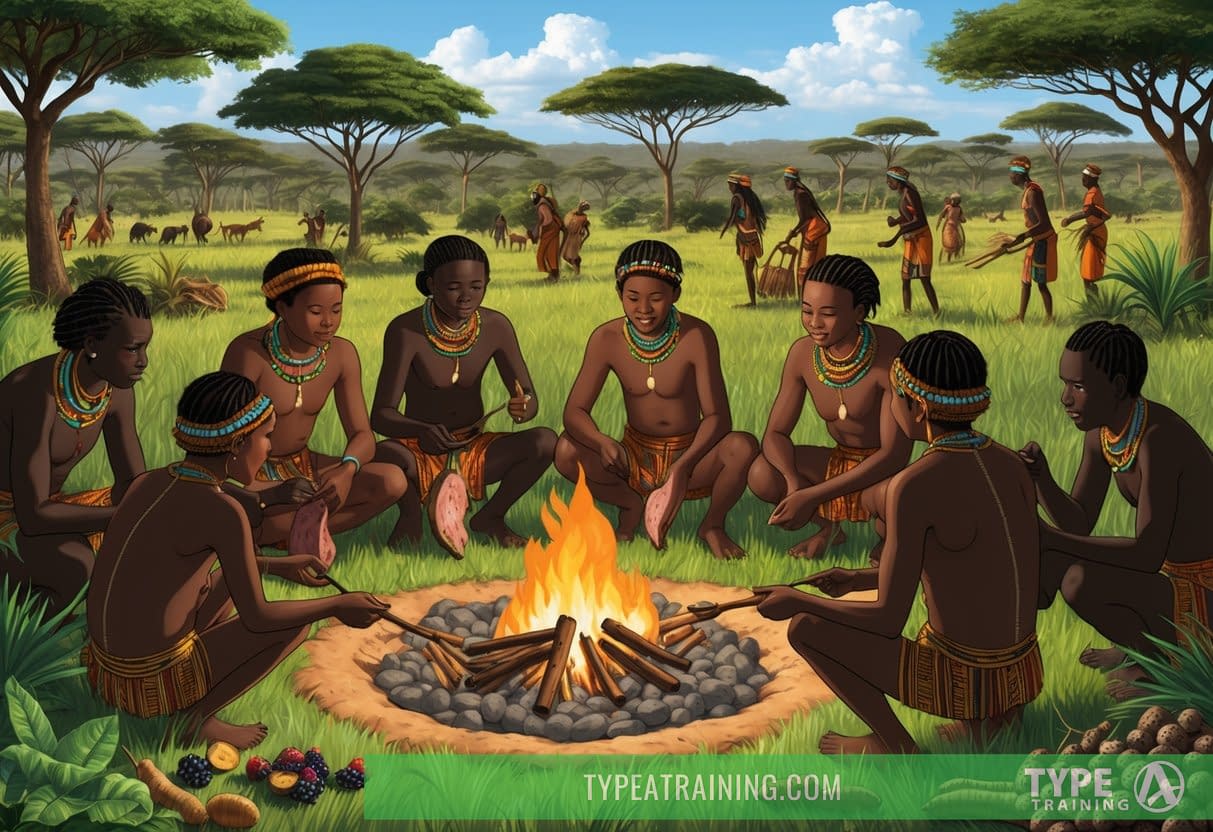 A group of Hadza people gather around a fire, roasting meat and foraging for berries and tubers in the lush Tanzanian savanna
