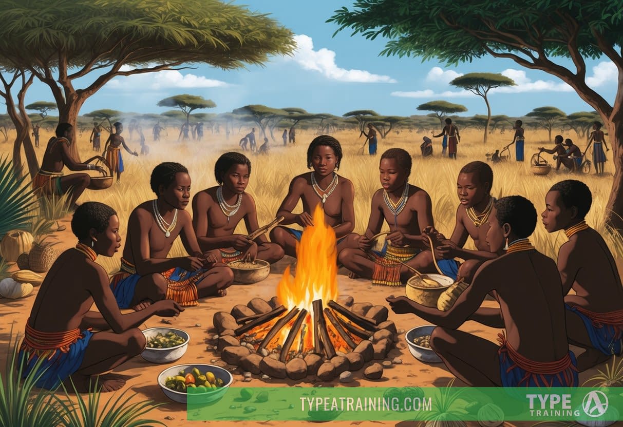 A group of Hadza people gather around a fire, surrounded by the African savanna. They are foraging for wild fruits, nuts, and tubers, and preparing a meal using traditional cooking methods
