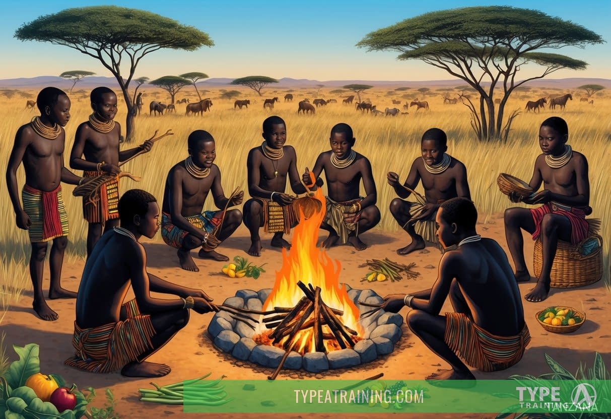A group of Hadza people gather around a fire, roasting meat and foraging for wild fruits and vegetables in the savannah landscape of Tanzania