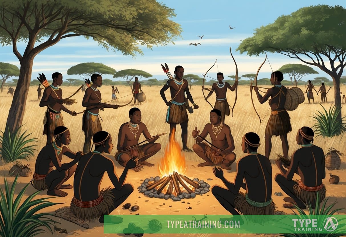 A group of Hadza people gather around a campfire, surrounded by the Tanzanian savannah. They are foraging for wild fruits and roots, while a few men return from a successful hunt, carrying bows and arrows