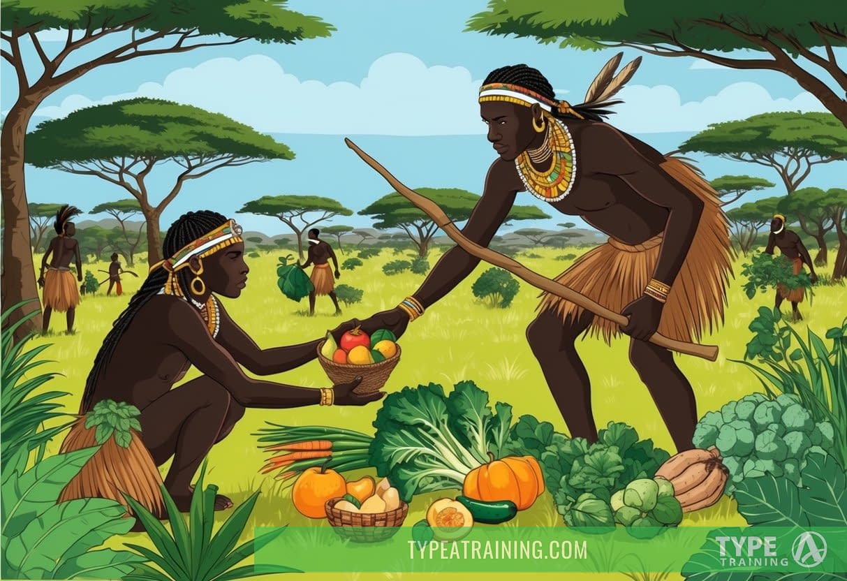 A Hadza hunter gathers fruits and vegetables in the lush Tanzanian savanna, showcasing the tribe's natural diet and active lifestyle