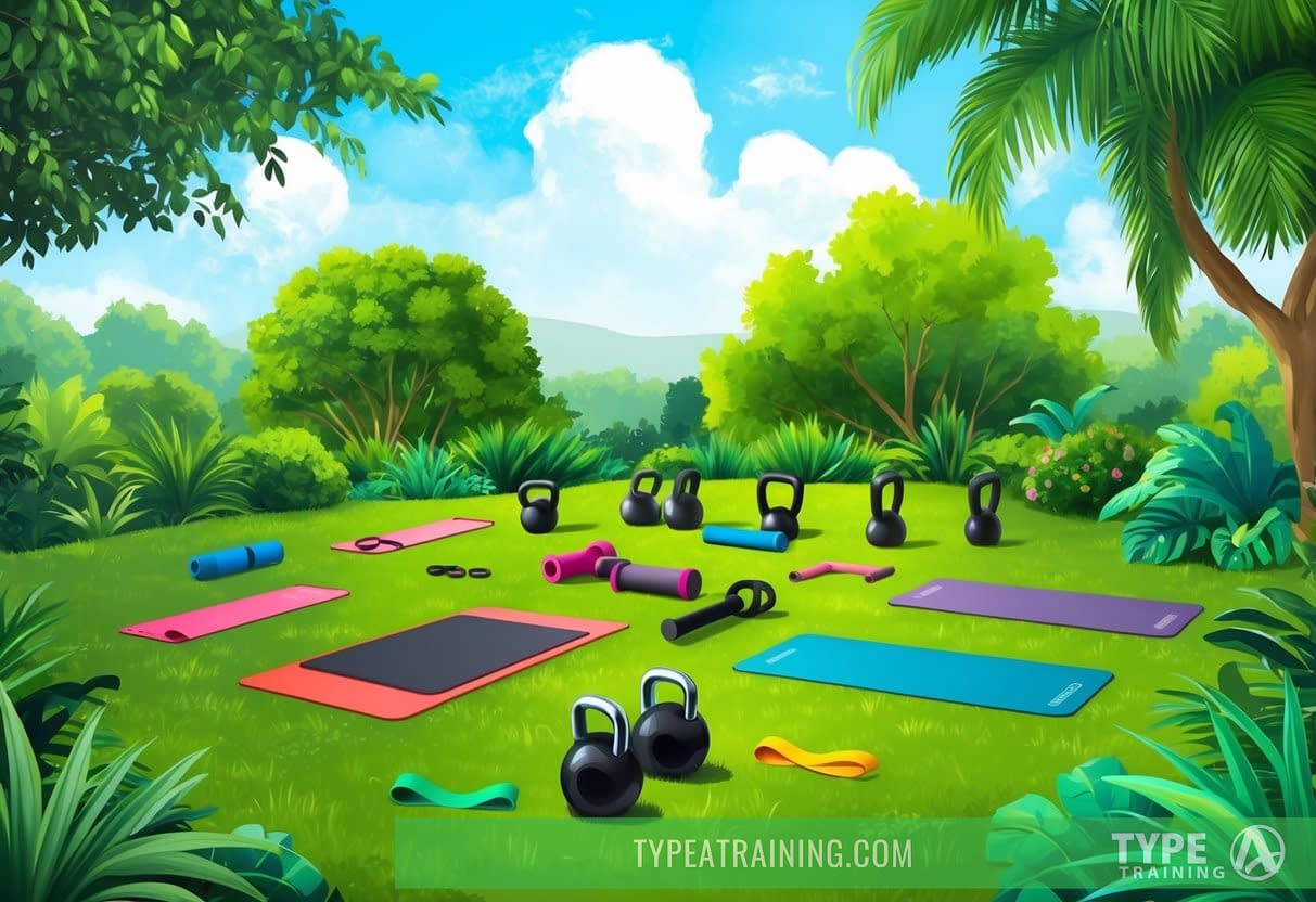 A lush outdoor setting with diverse workout equipment scattered across the landscape, including resistance bands, kettlebells, and yoga mats