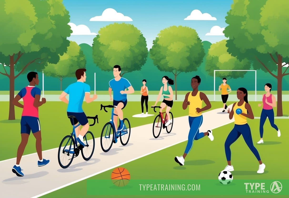 A group of people are engaged in various outdoor workout activities such as jogging, cycling, yoga, and playing sports like soccer and basketball in a park setting