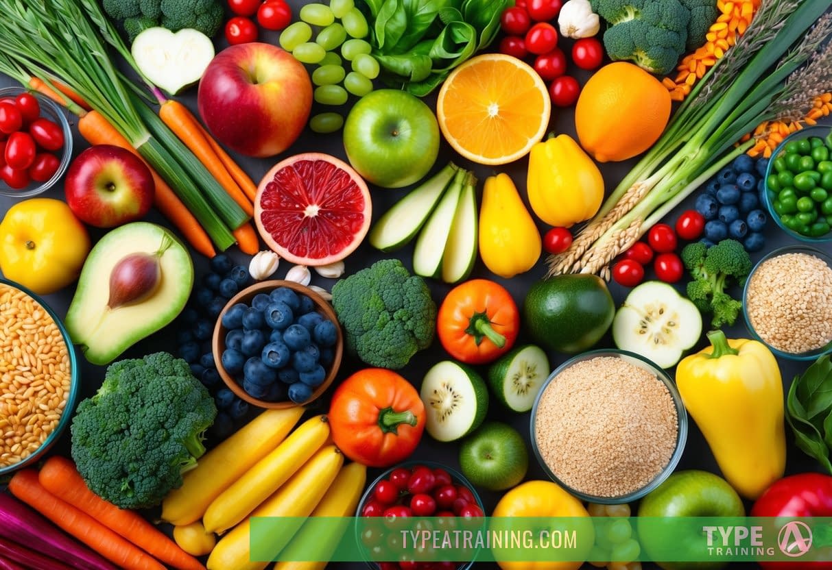 A colorful array of fruits, vegetables, and whole grains arranged in a vibrant, enticing display