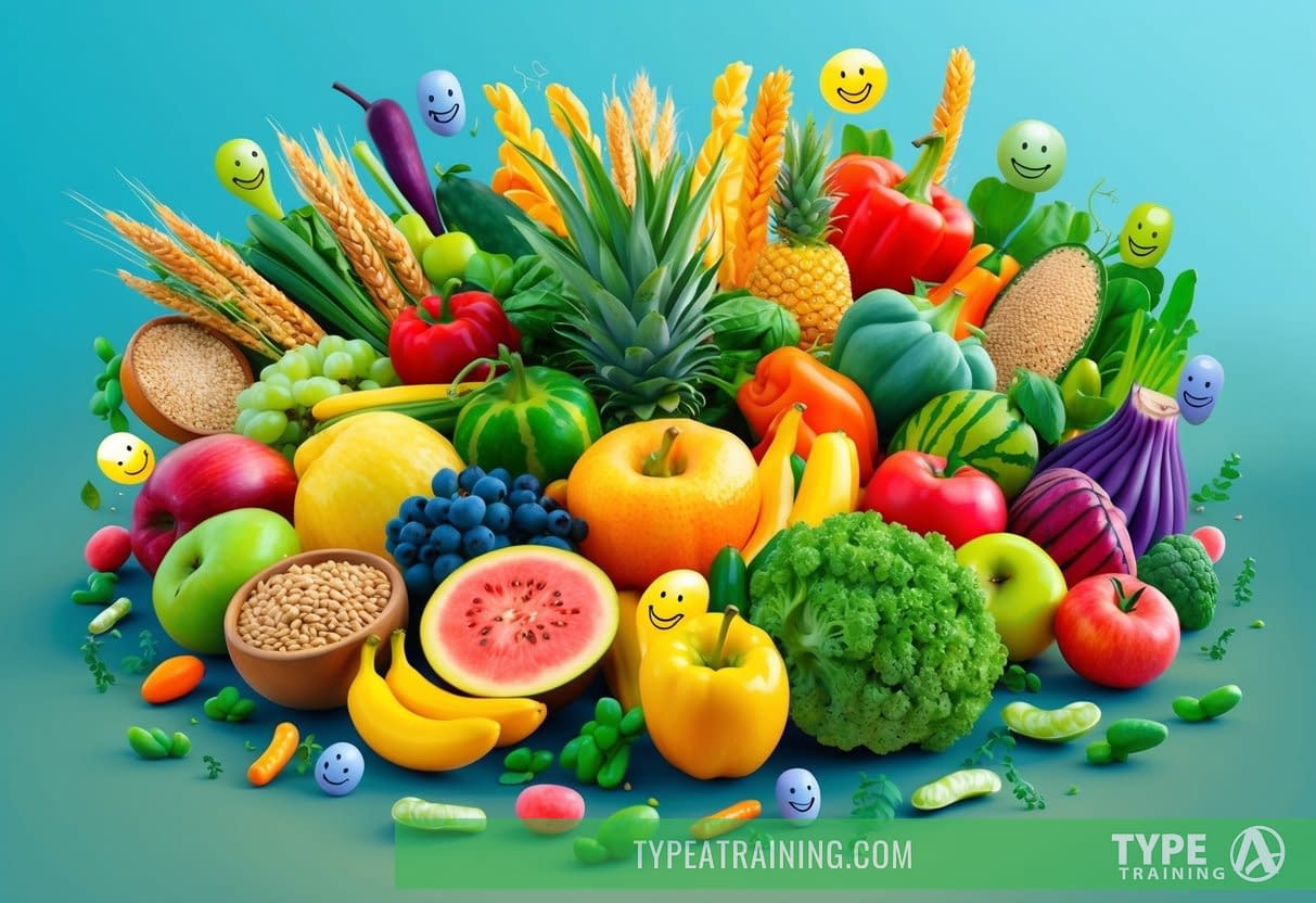 A colorful, vibrant illustration of a diverse array of fruits, vegetables, and whole grains, surrounded by friendly, smiling bacteria and microbes