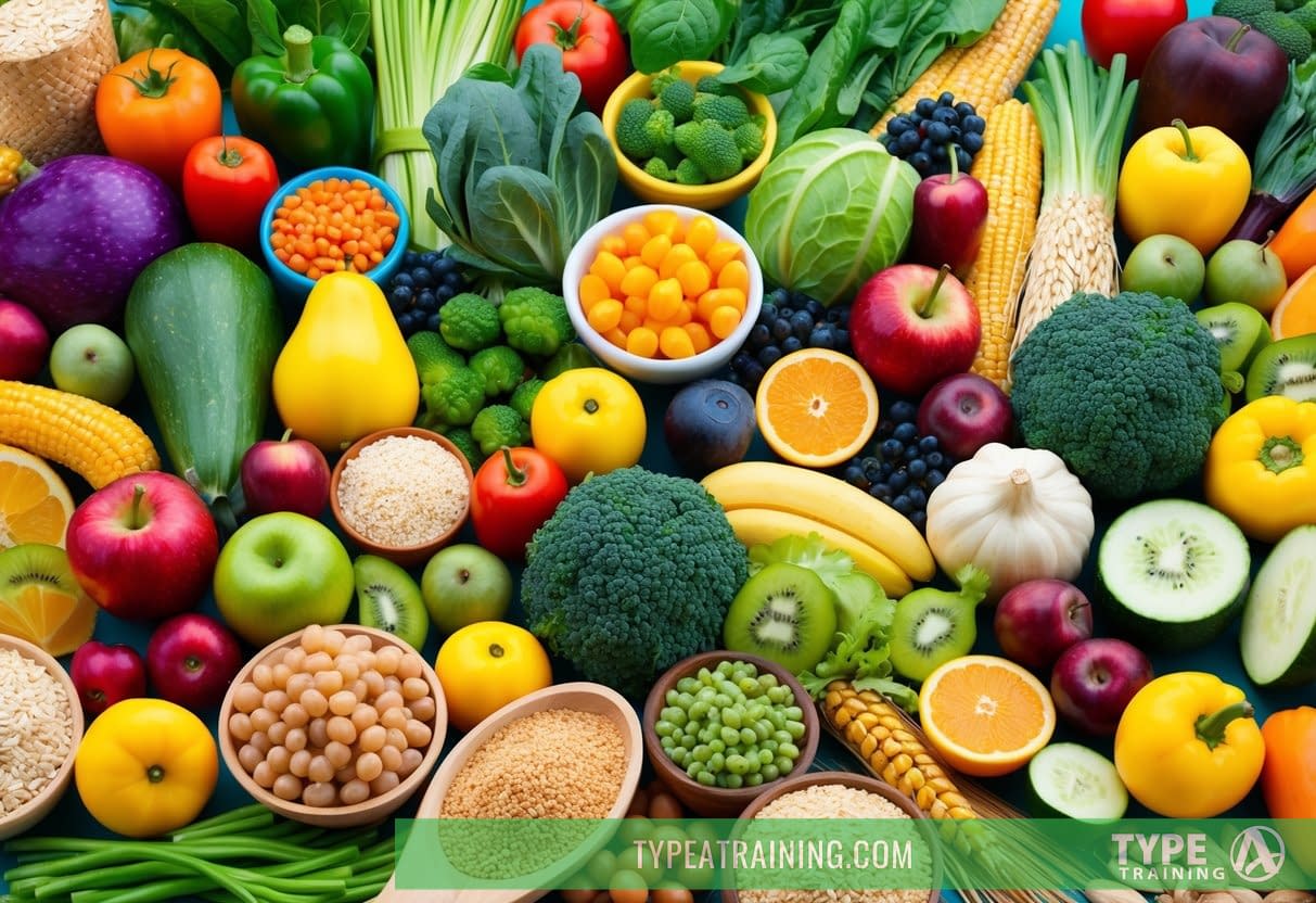 A colorful array of fruits, vegetables, and whole grains arranged in a vibrant, inviting display. A variety of prebiotic-rich foods fill the scene, evoking a sense of health and wellness