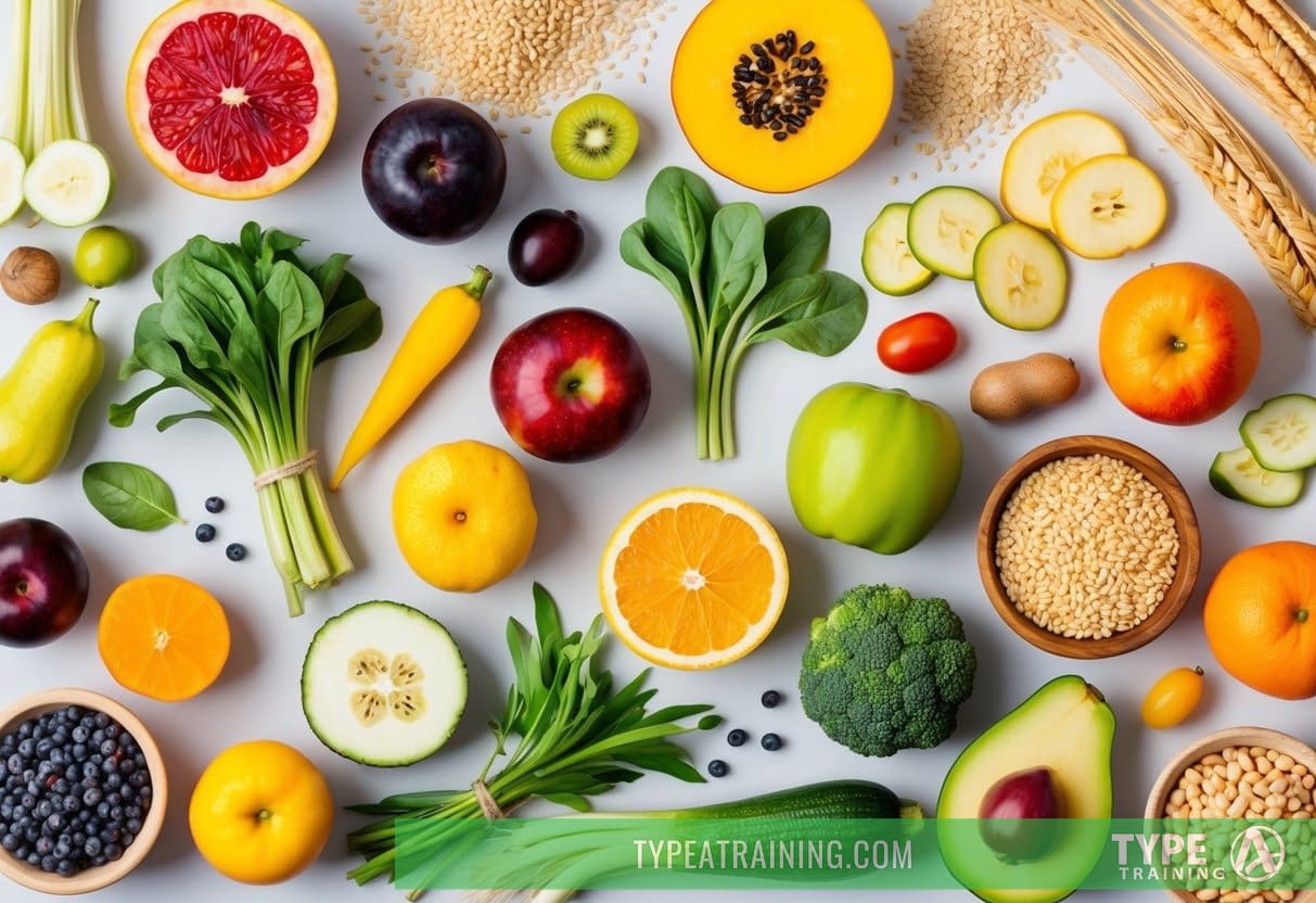 A colorful array of fruits, vegetables, whole grains, and legumes, with a focus on their natural shapes and textures, arranged in a visually appealing composition