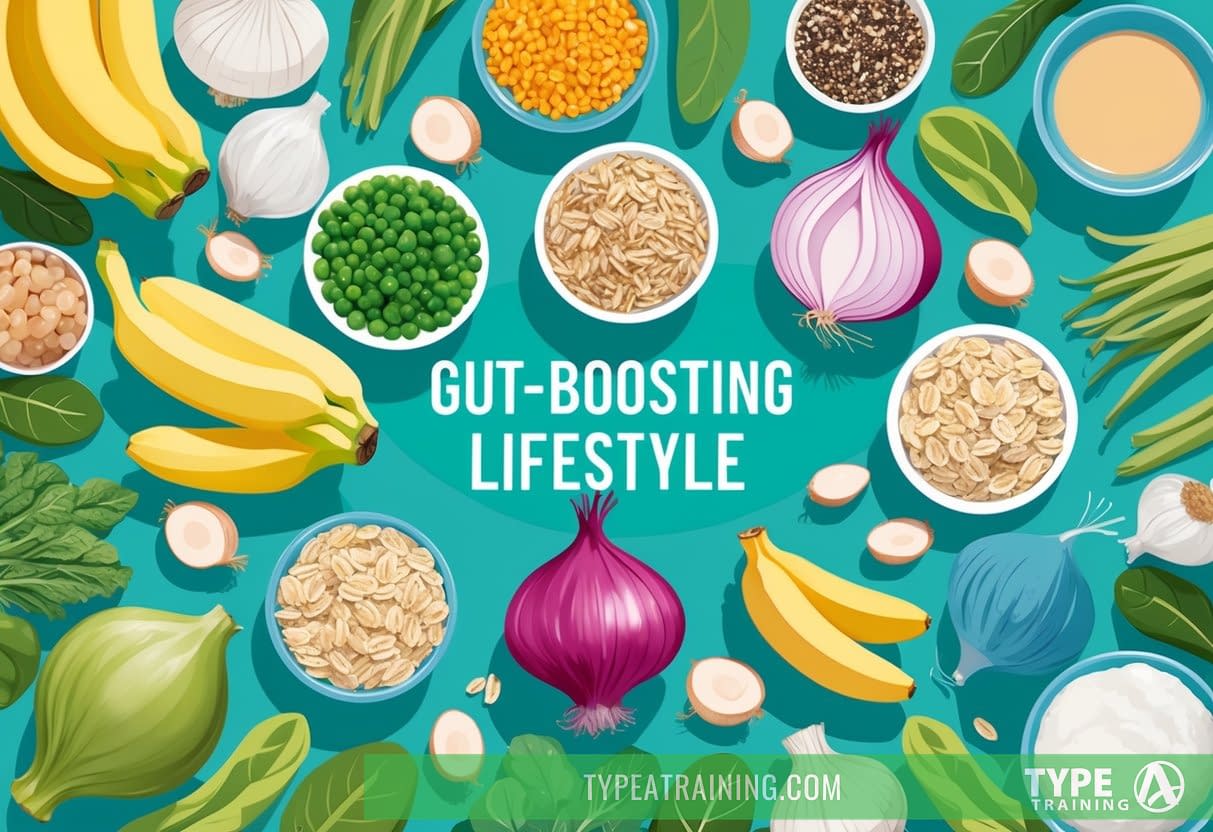 A vibrant illustration of various prebiotic-rich foods, such as bananas, onions, and oats, surrounded by a diverse array of gut-boosting lifestyle elements like exercise, sleep, and stress management