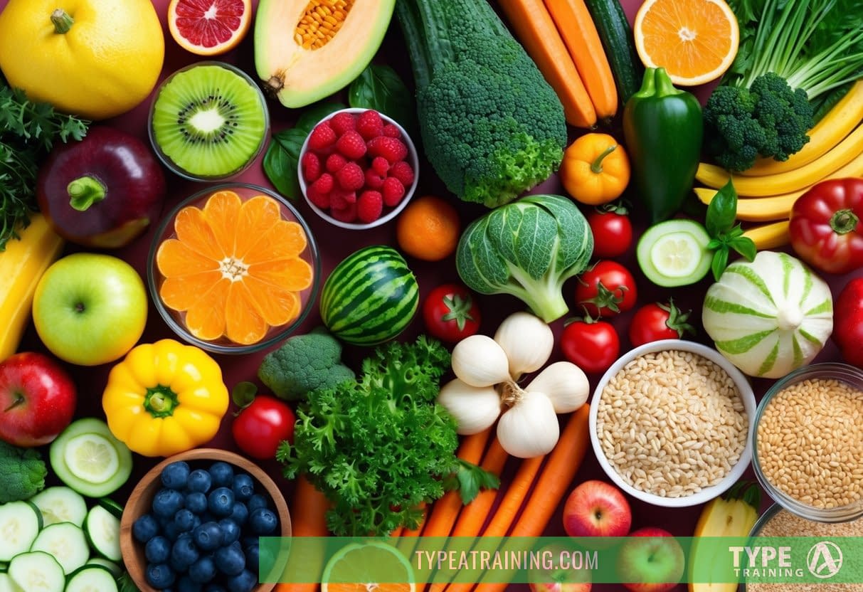 A diverse array of colorful fruits, vegetables, and whole grains arranged in a vibrant and appealing display