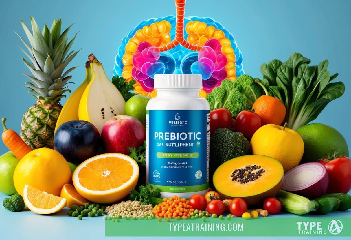 A colorful array of fruits, vegetables, and fermented foods arranged around a bottle of prebiotic supplements, with a vibrant gut microbiome illustration in the background