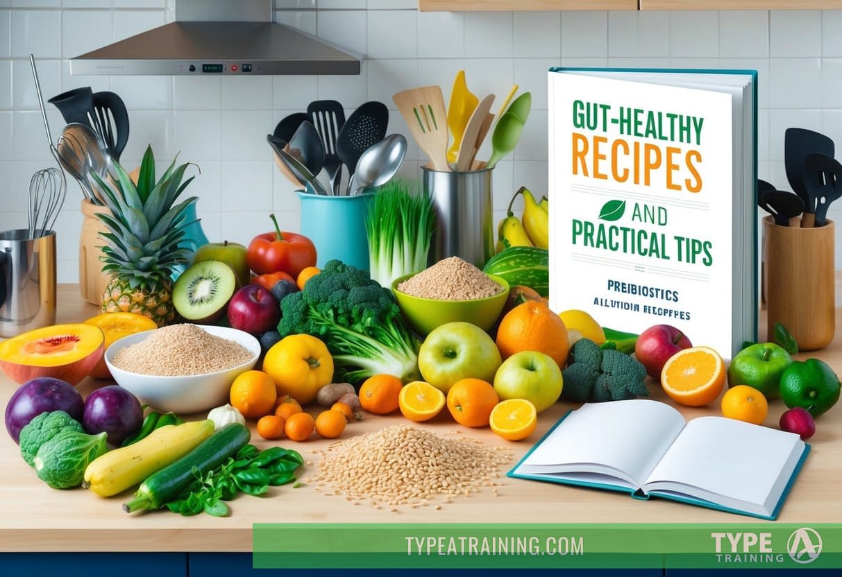A colorful array of fruits, vegetables, and whole grains arranged on a kitchen counter, with a variety of cooking utensils and a book titled "Gut-Healthy Recipes and Practical Tips" open to a page about prebiotics