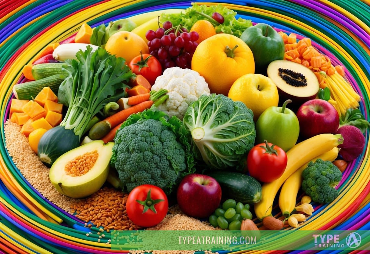 A colorful array of fruits, vegetables, and whole grains, surrounded by vibrant, swirling lines representing gut health
