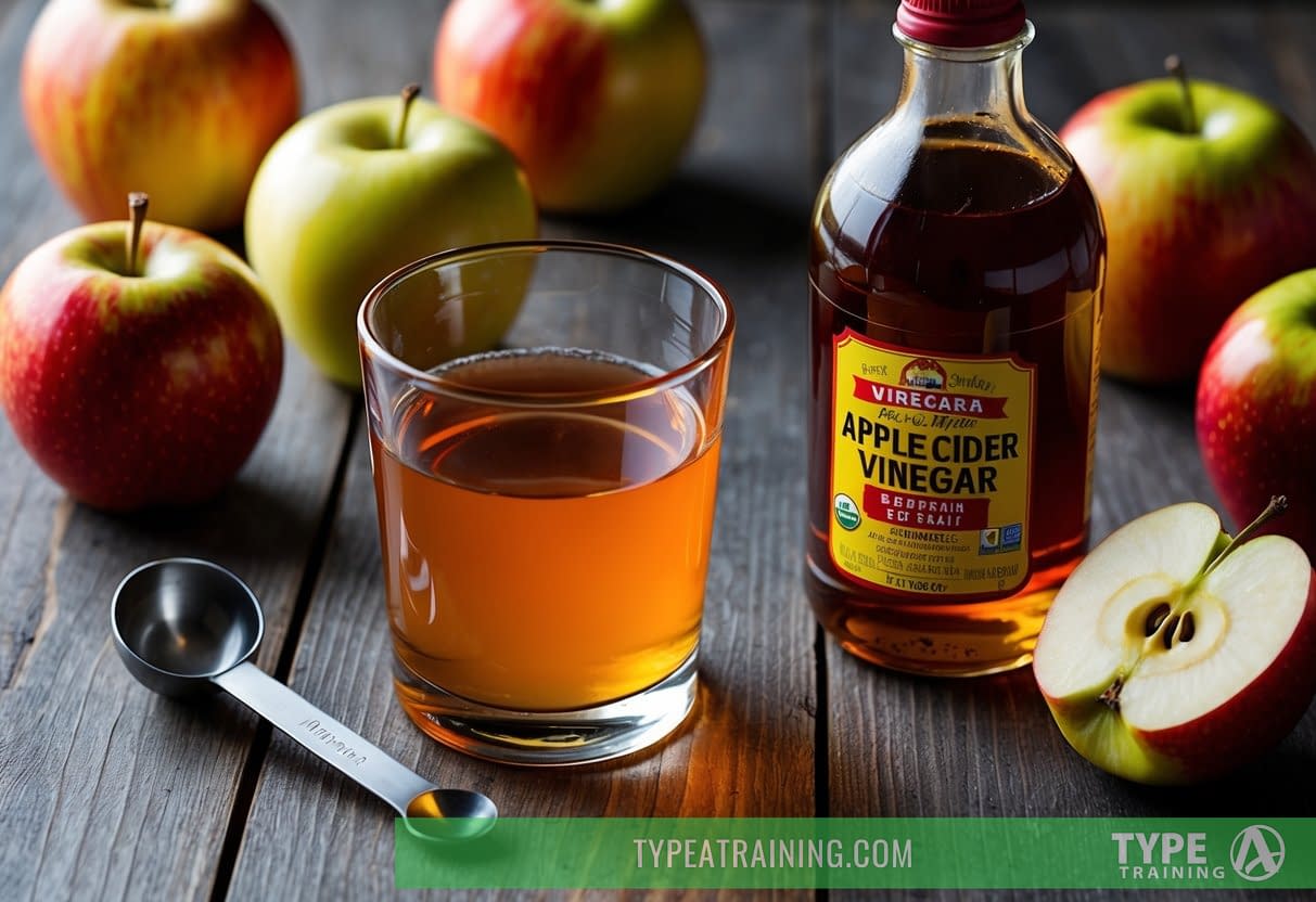 A glass of apple cider vinegar with a measuring spoon next to it, surrounded by fresh apples and a bottle of vinegar