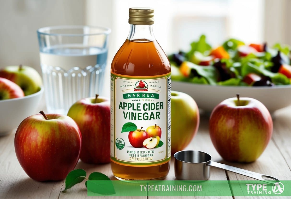 A bottle of apple cider vinegar surrounded by fresh apples and a measuring spoon, with a glass of water and a salad in the background