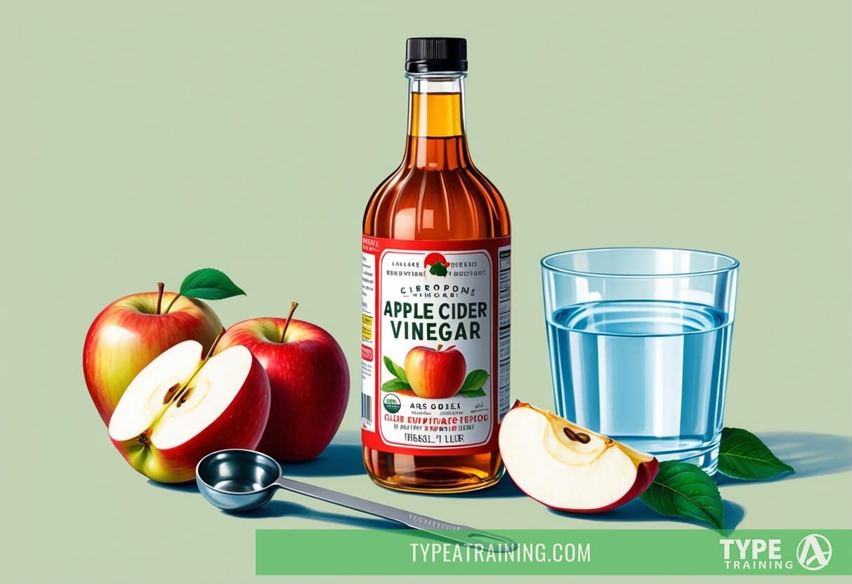 A bottle of apple cider vinegar surrounded by fresh apples, a measuring spoon, and a glass of water