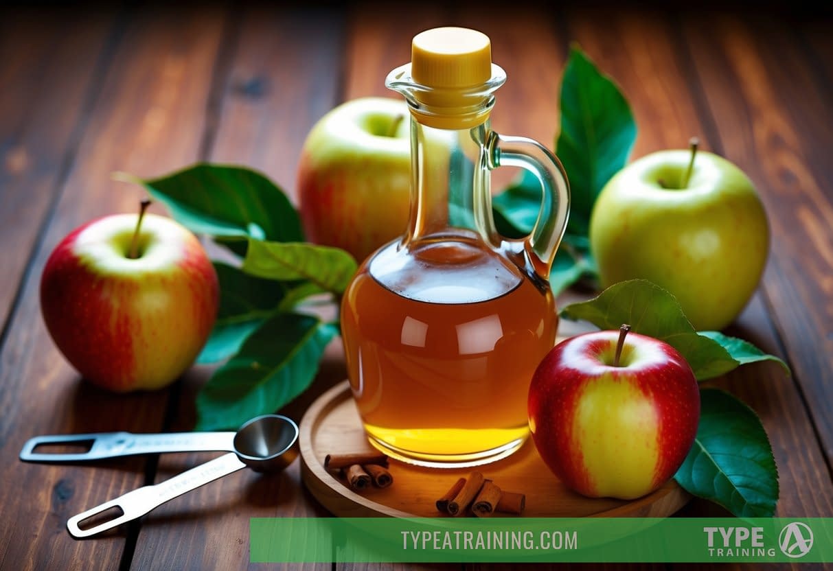A glass bottle of apple cider vinegar surrounded by fresh apples and a measuring spoon on a wooden table