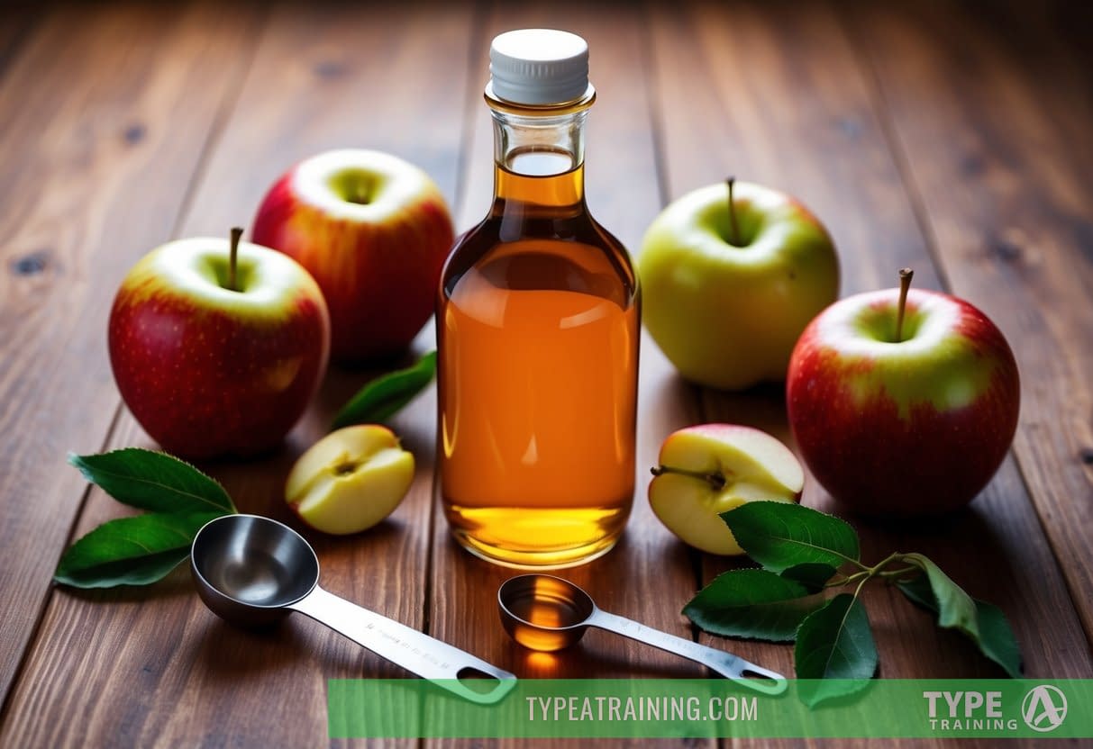A glass bottle of apple cider vinegar surrounded by fresh apples and a measuring spoon on a wooden kitchen counter