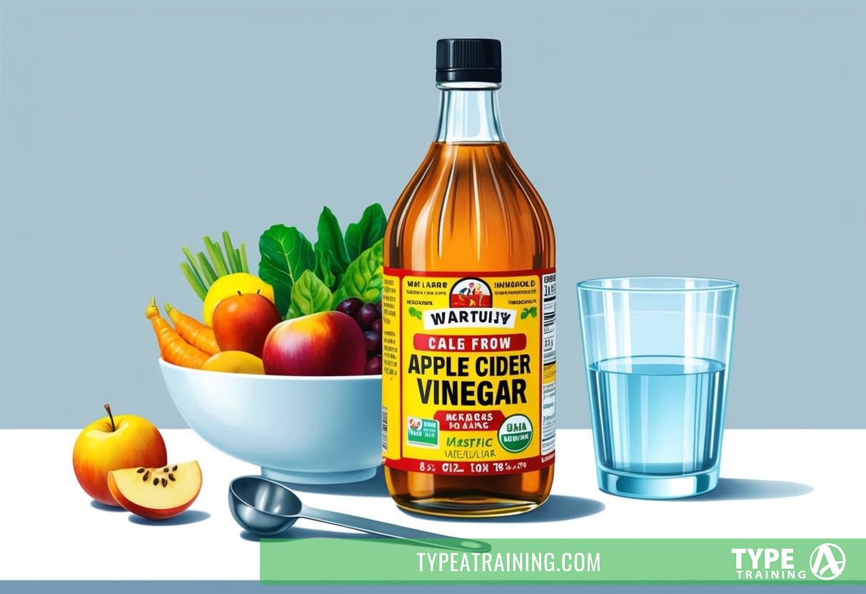 A bottle of apple cider vinegar sits next to a bowl of fresh fruits and vegetables, with a glass of water and a measuring spoon nearby