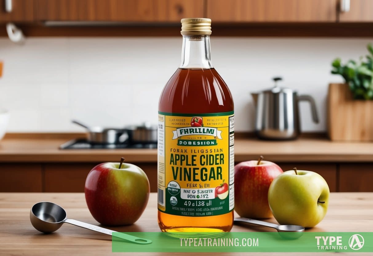 A bottle of apple cider vinegar sits on a kitchen counter, surrounded by fresh apples and a measuring spoon