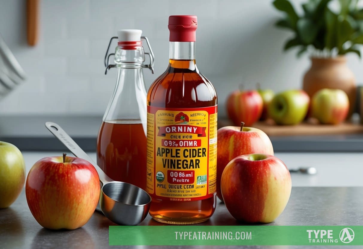 A bottle of apple cider vinegar surrounded by fresh apples and a measuring spoon on a kitchen counter
