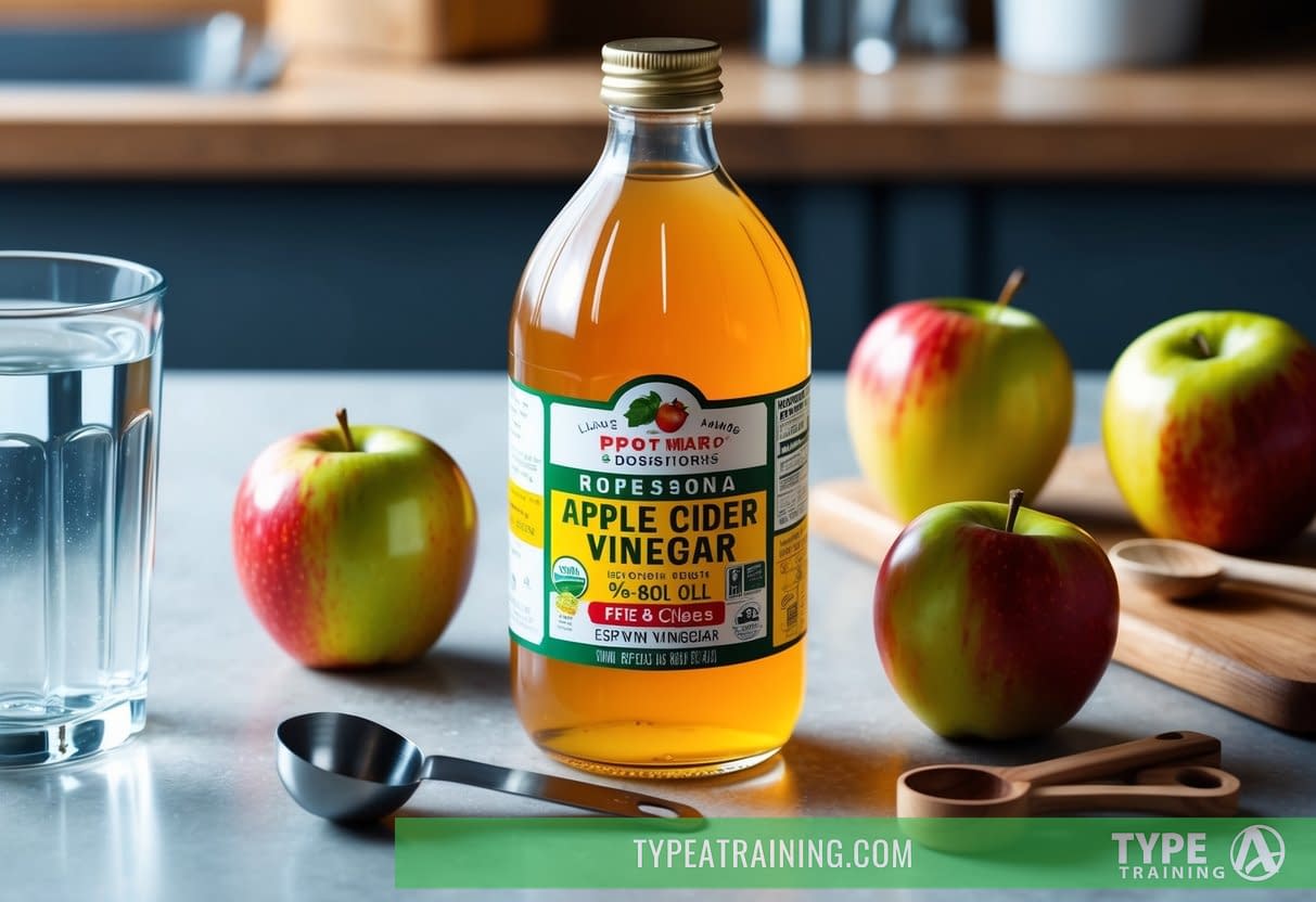 A bottle of apple cider vinegar sits on a kitchen counter, surrounded by fresh apples and a measuring spoon. A glass of water is nearby