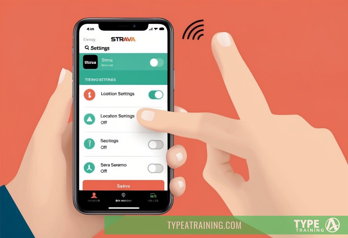 A smartphone with location settings being turned off while using the Strava app