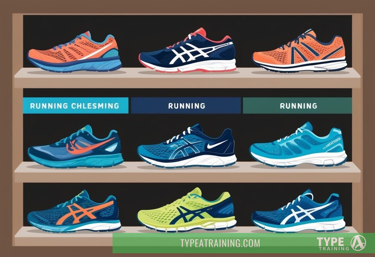 A collection of different running shoes arranged on a shelf, with each pair representing a different type of running activity