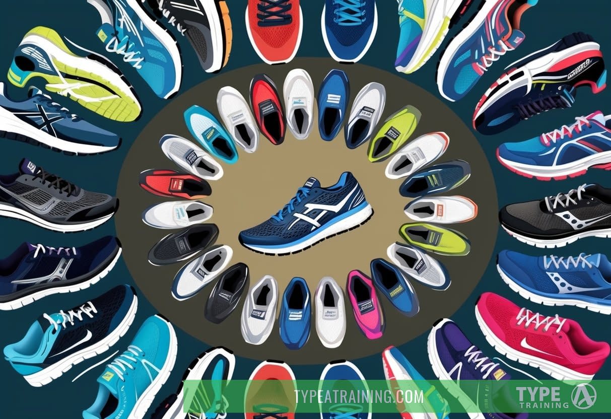 A lineup of different running shoes arranged in a circular pattern, with each shoe representing a different style or brand