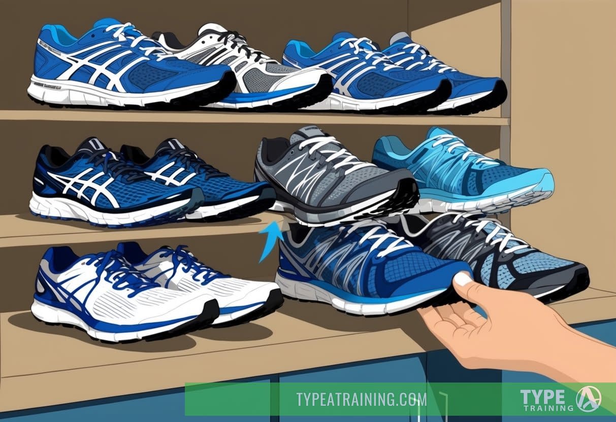 A lineup of different running shoes arranged neatly on a shelf, with a pair being swapped out for another to illustrate the concept of shoe rotation for maximizing performance and longevity