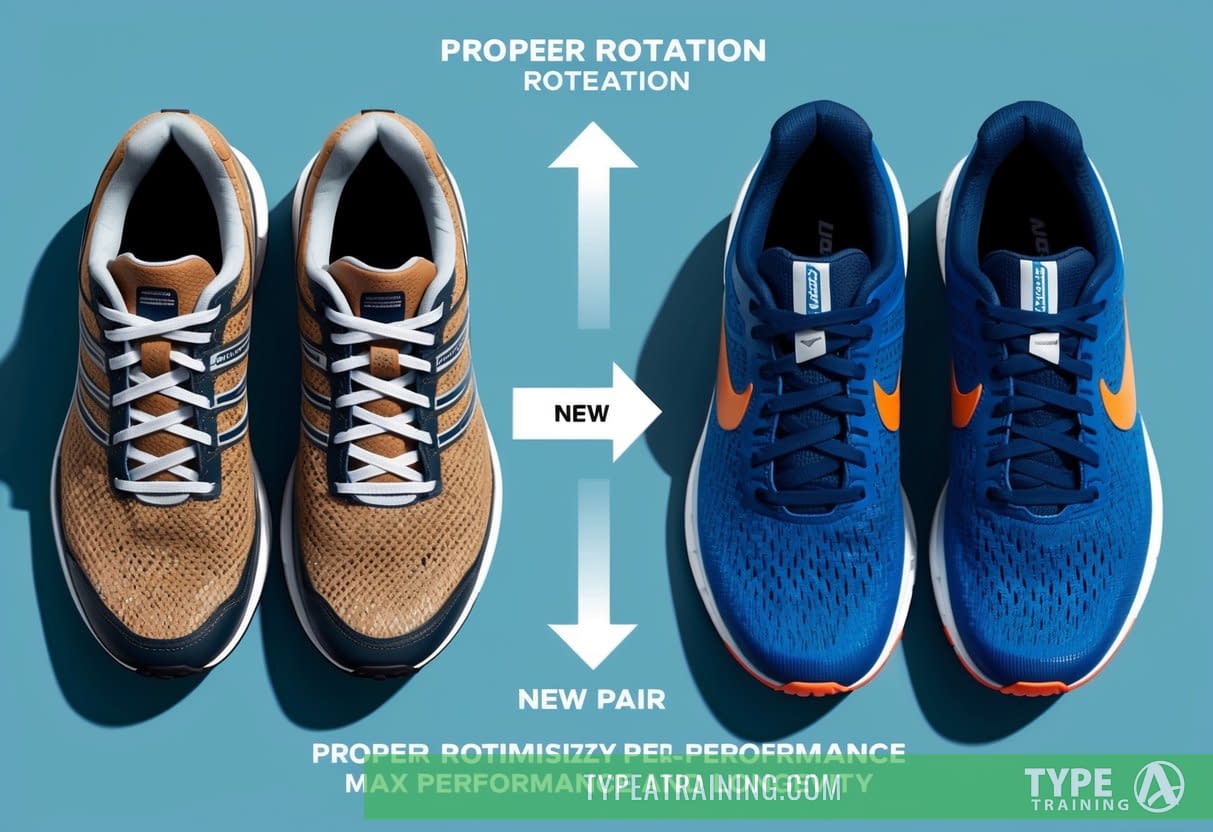 A pair of worn-out running shoes next to a new pair, with arrows indicating the proper rotation process for maximizing performance and longevity