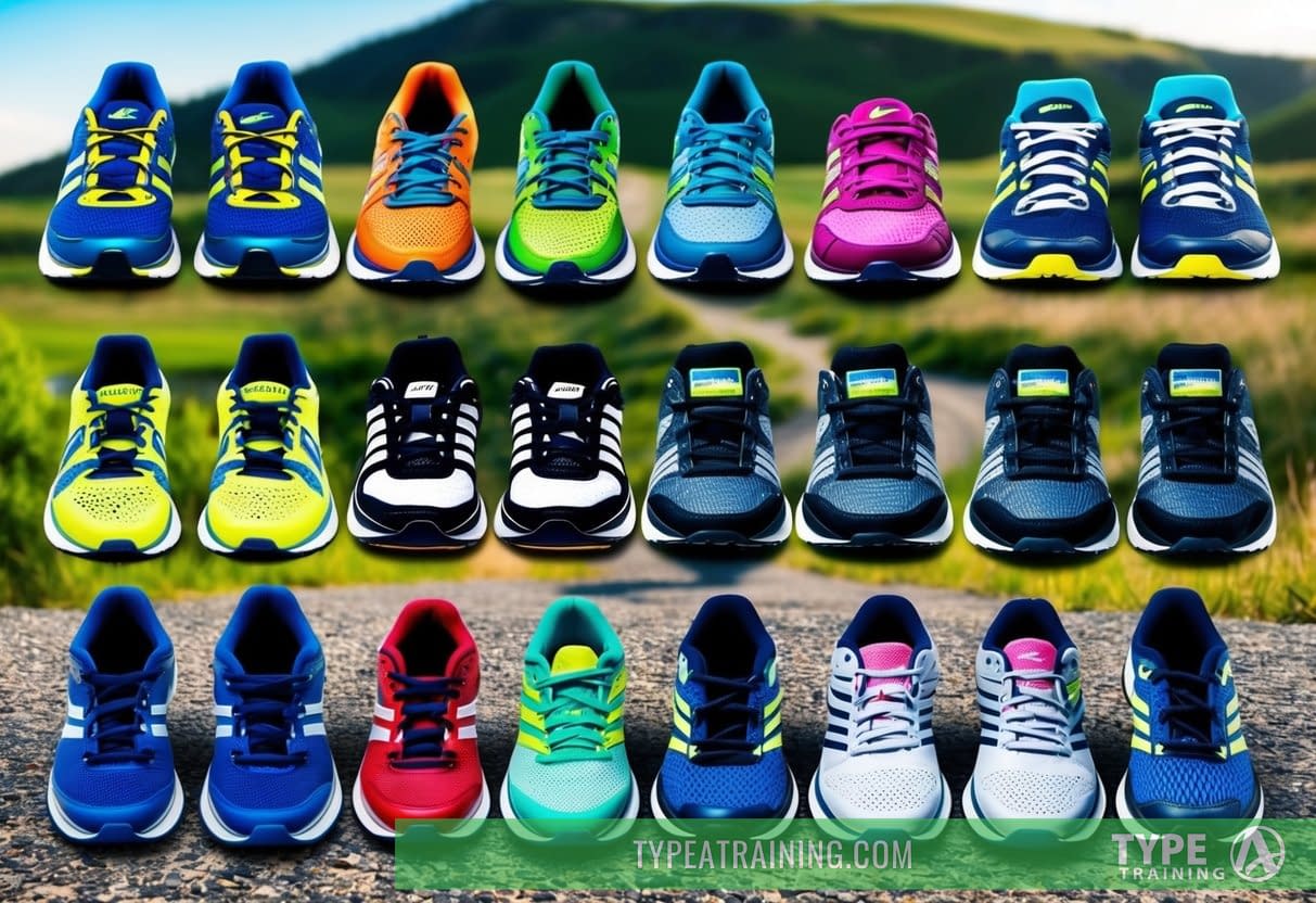 A collection of different running shoes arranged in a neat row, with various styles and colors, surrounded by a backdrop of a scenic running trail