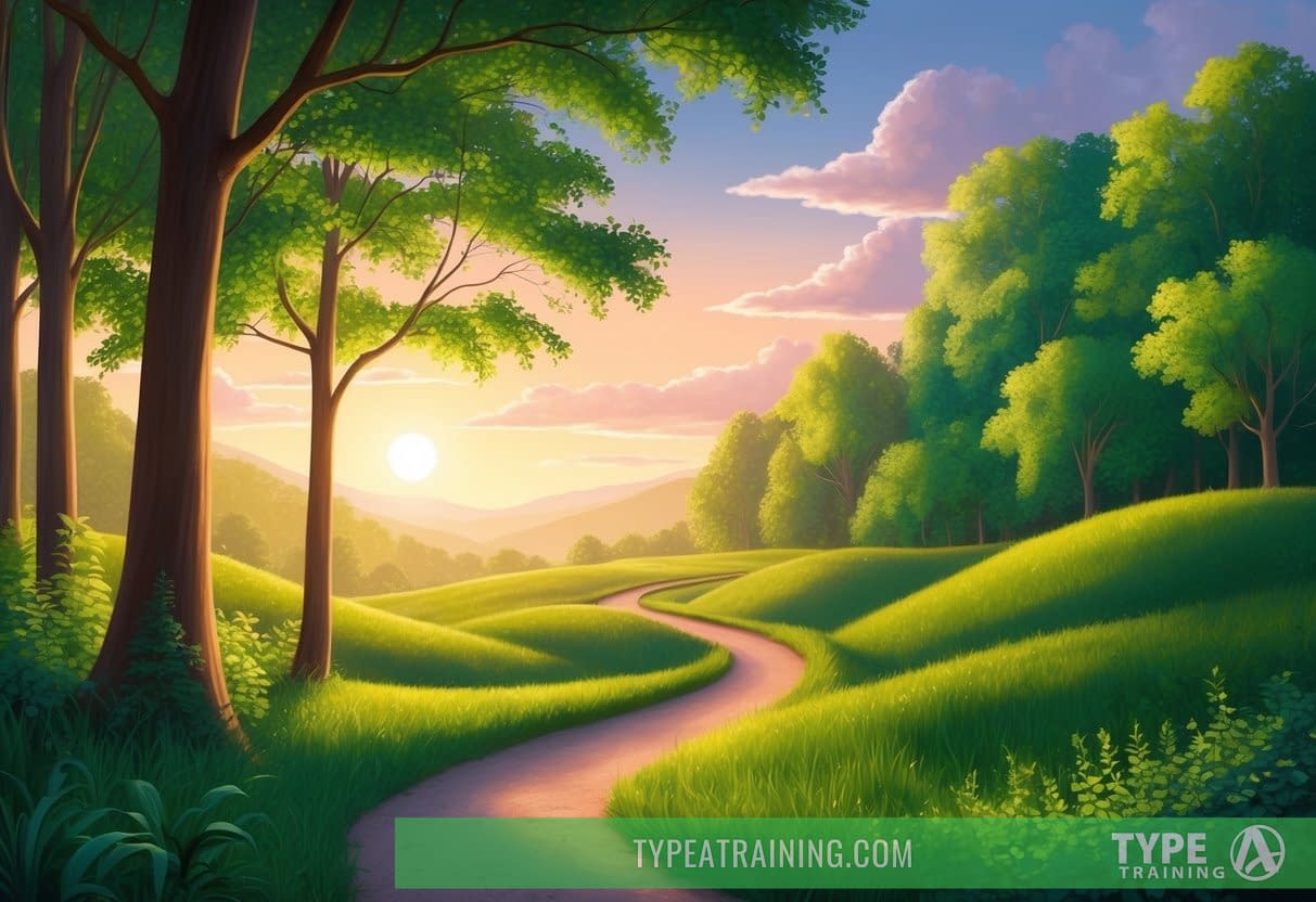 A serene landscape with a winding path through a lush green forest, with a warm glow from the setting sun