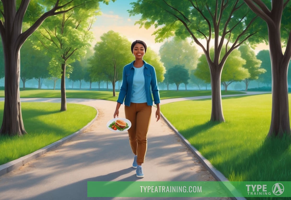 A person walking through a park or along a path after a meal, with a peaceful and content expression on their face