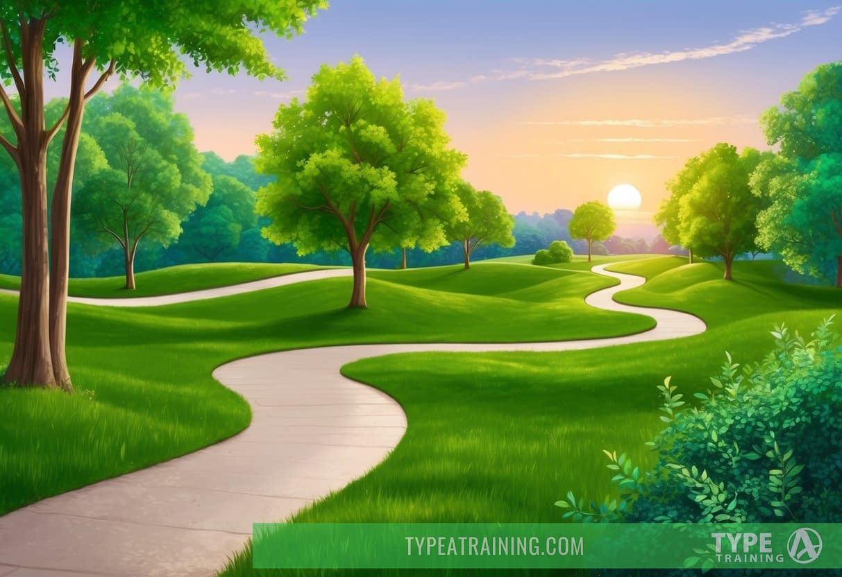 A serene park with a winding path surrounded by lush greenery, with a gentle breeze and the sun setting in the distance