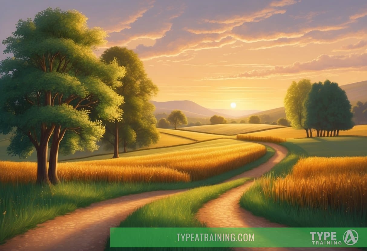 A peaceful countryside landscape with a winding path through fields and trees, with a warm, golden glow from the setting sun