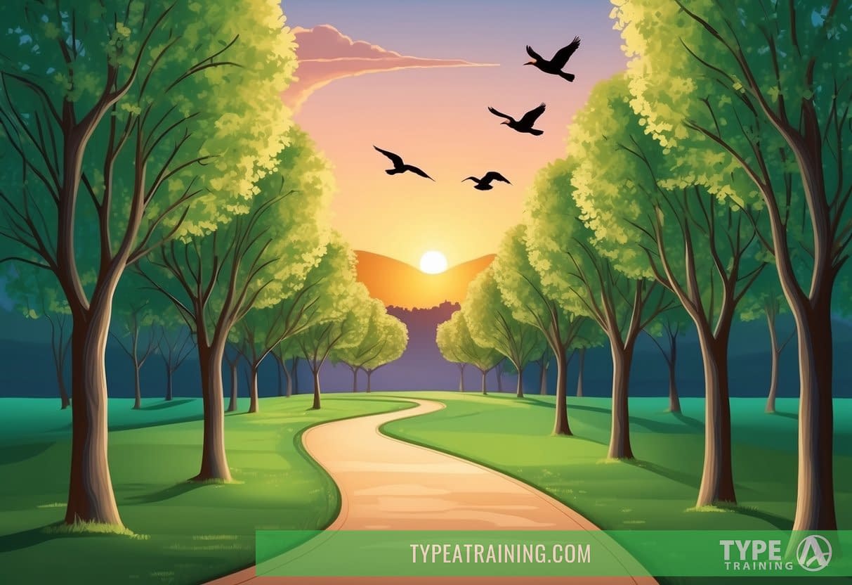 A serene, tree-lined path winding through a park, with the sun setting in the distance and birds flying overhead