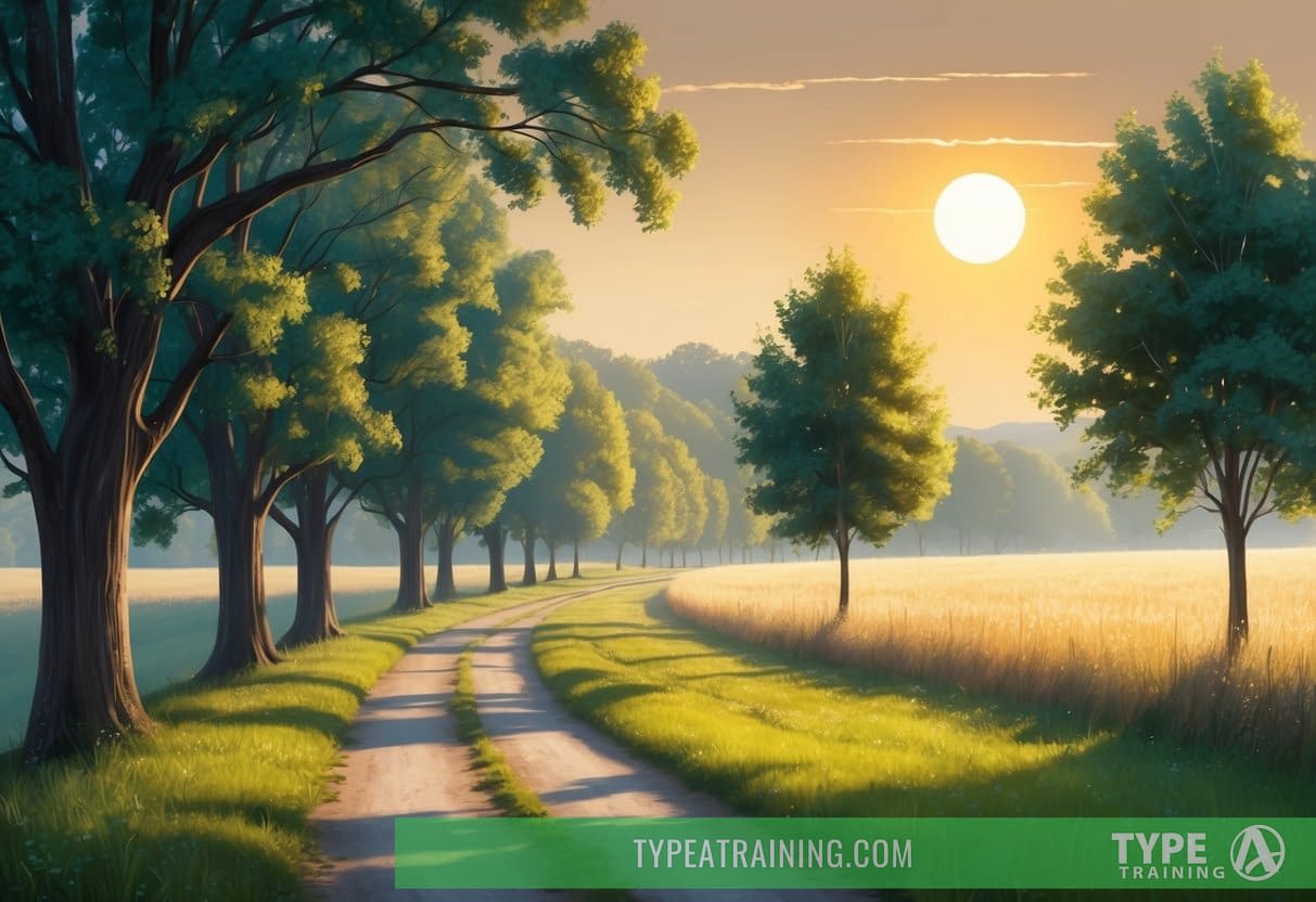 A serene, tree-lined path winding through a peaceful countryside, with the sun low in the sky casting a warm, golden light over the scene