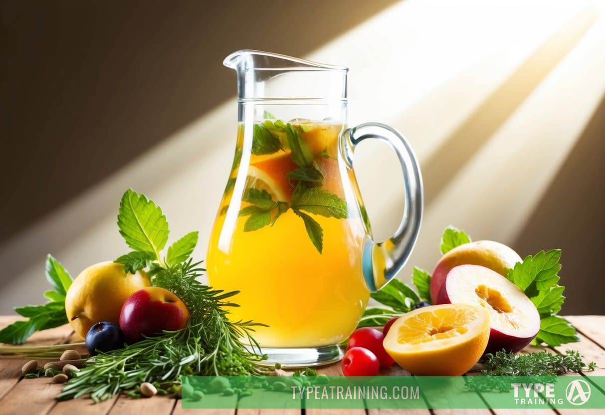 A glass pitcher filled with kombucha surrounded by fresh fruits and herbs. A beam of sunlight illuminates the scene, highlighting the health benefits of the fermented drink