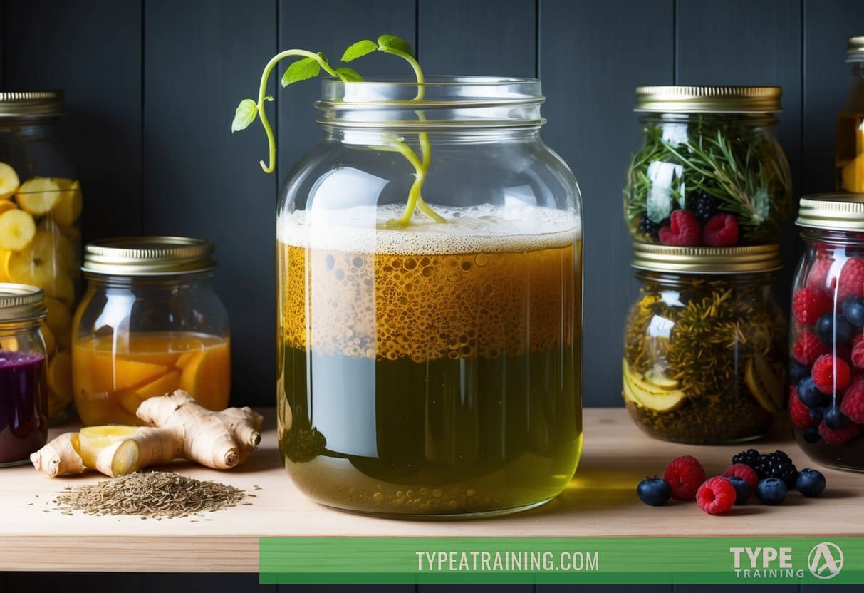 A bubbling glass jar of fermenting kombucha sits on a wooden shelf, surrounded by jars of colorful ingredients like ginger, berries, and herbs. A vine-like SCOBY floats on the surface