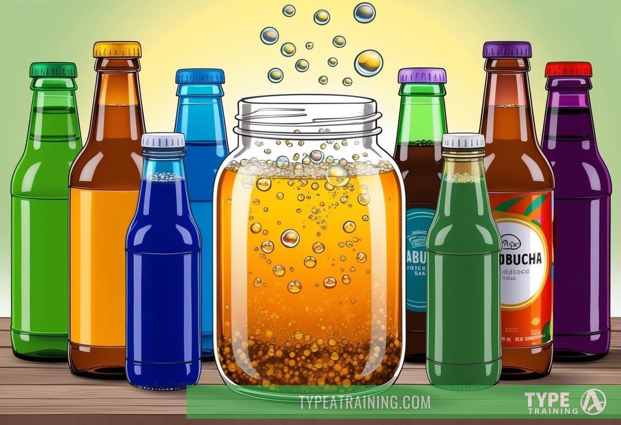 A glass jar of brewing kombucha surrounded by colorful bottles of various flavors, with bubbles rising to the surface