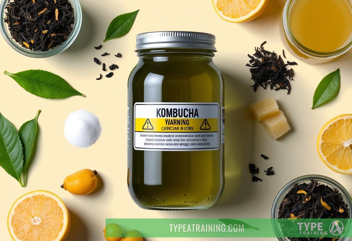 A glass jar of kombucha surrounded by various ingredients like tea leaves, sugar, and fruit, with a warning sign symbolizing potential risks and considerations